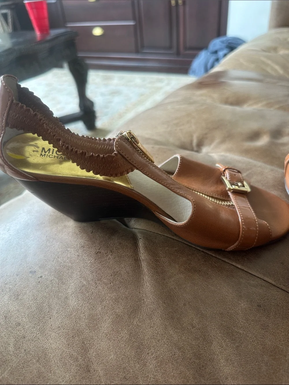 Michael Kors Brown Leather Heeled Sandals with Gold Zipper
